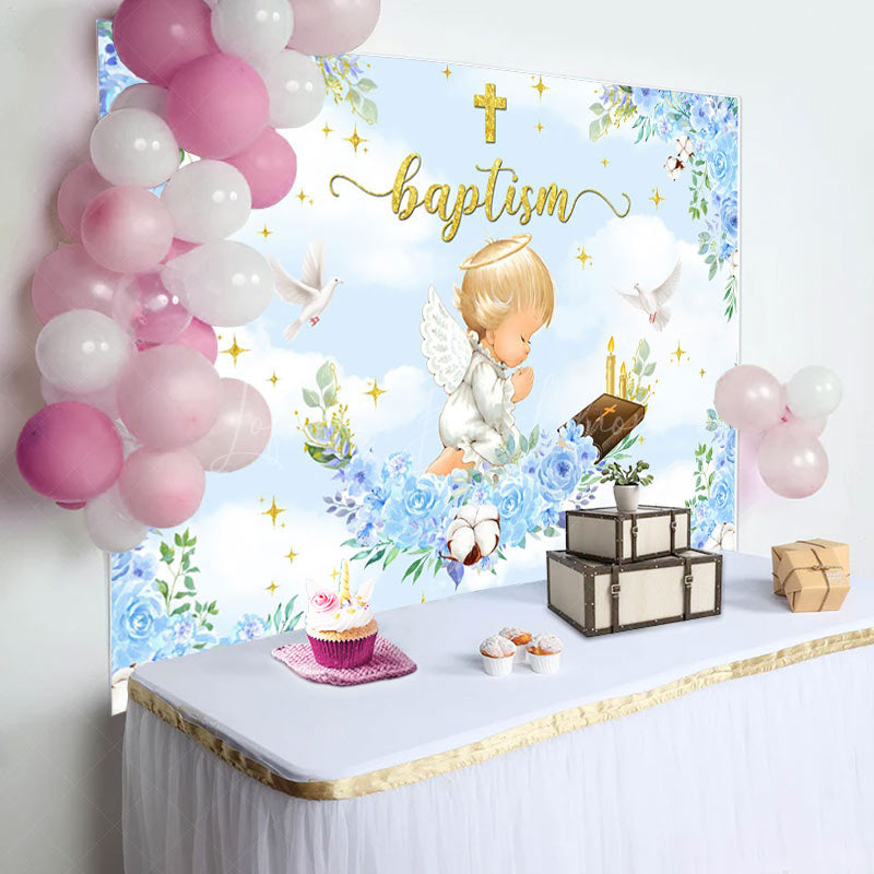 Lofaris Blue Flowers Cross Angle Baptism Backdrop For Boy