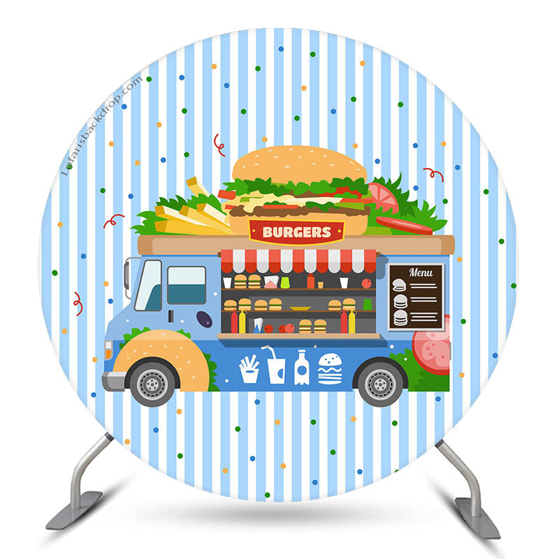 Lofaris Blue Food Truck Burgers Round Birthday Backdrop