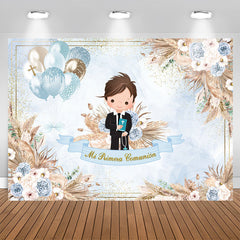 Lofaris Blue Glitter Balloon Floral Boy Baptism Backdrop