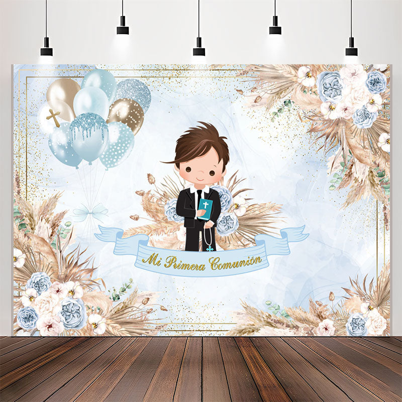 Lofaris Blue Glitter Balloon Floral Boy Baptism Backdrop