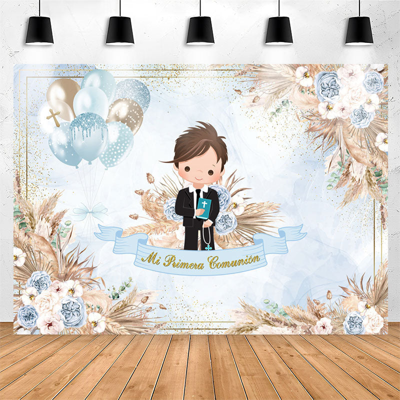 Lofaris Blue Glitter Balloon Floral Boy Baptism Backdrop