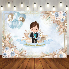 Lofaris Blue Glitter Balloon Floral Boy Baptism Backdrop
