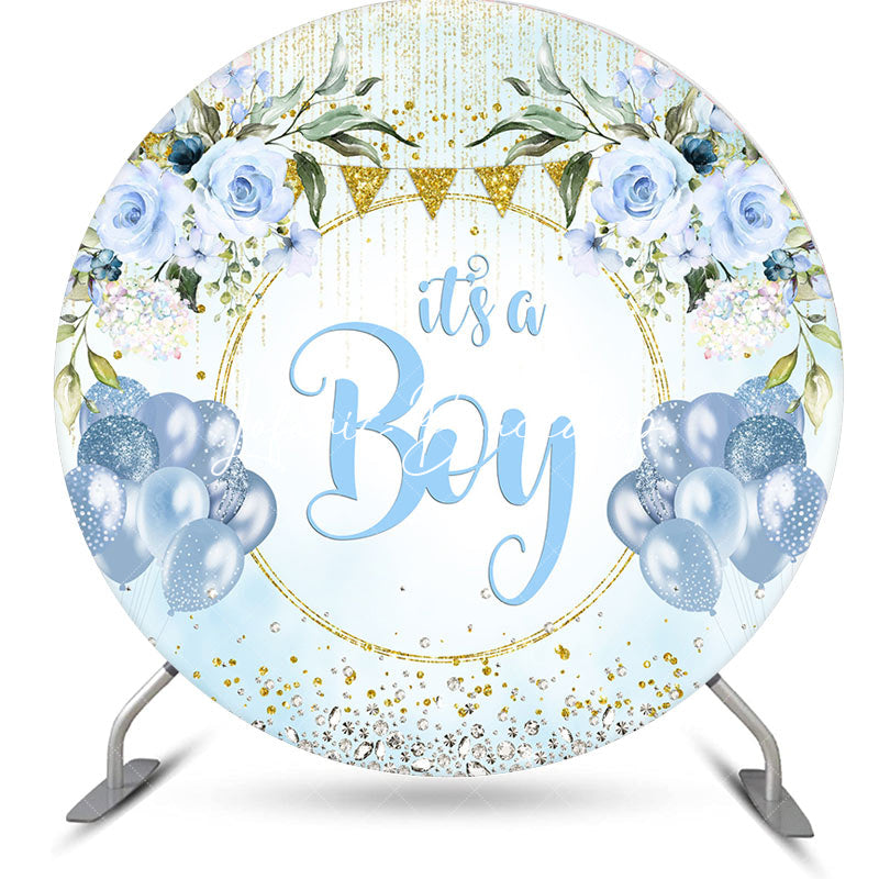 Lofaris Blue Gold Diamonds Floral Round Baby Shower Backdrop