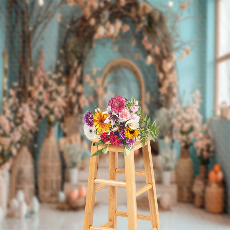 Lofaris Blue Green Wall Floral Arch Stairs Easter Backdrop