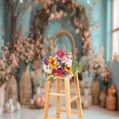 Lofaris Blue Green Wall Floral Arch Stairs Easter Backdrop