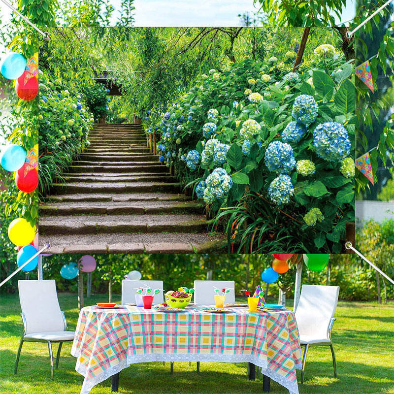 Lofaris Blue Hydrangeas Brick Stairs Forest Spring Backdrop