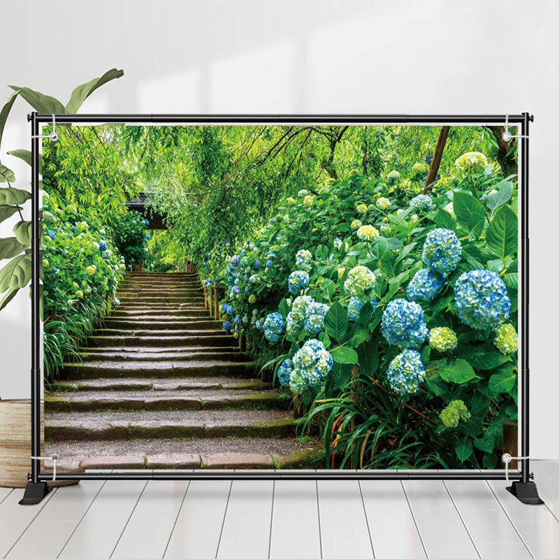 Lofaris Blue Hydrangeas Brick Stairs Forest Spring Backdrop