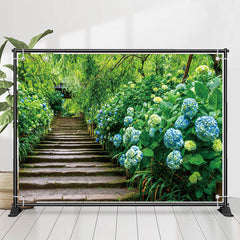 Lofaris Blue Hydrangeas Brick Stairs Forest Spring Backdrop