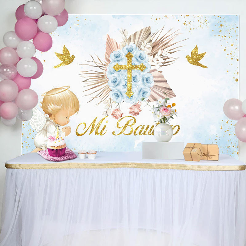 Lofaris Blue Mi Bautizo Angel God Bless Baptism Backdrop