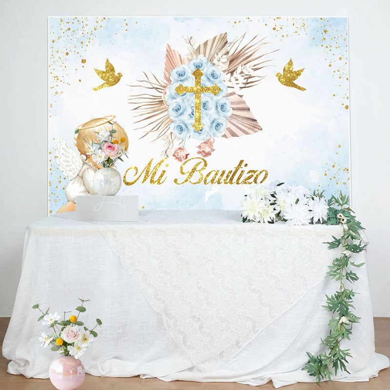 Lofaris Blue Mi Bautizo Angel God Bless Baptism Backdrop