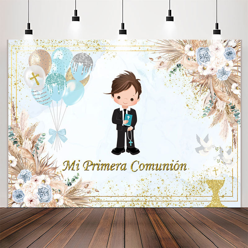 Lofaris Blue Mi Primera Comunion Boy Floral Baptism Backdrop
