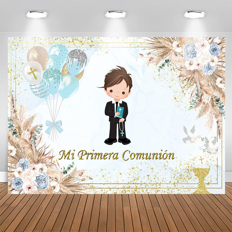 Lofaris Blue Mi Primera Comunion Boy Floral Baptism Backdrop