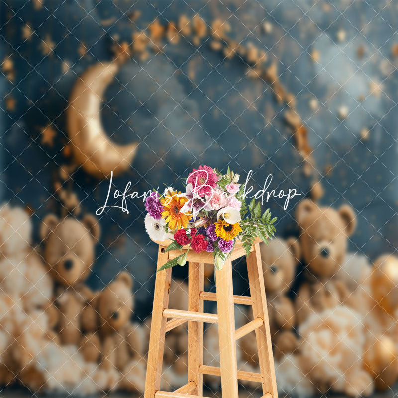 Lofaris Blue Moon Night Stars Teddy Bear Cake Smash Backdrop