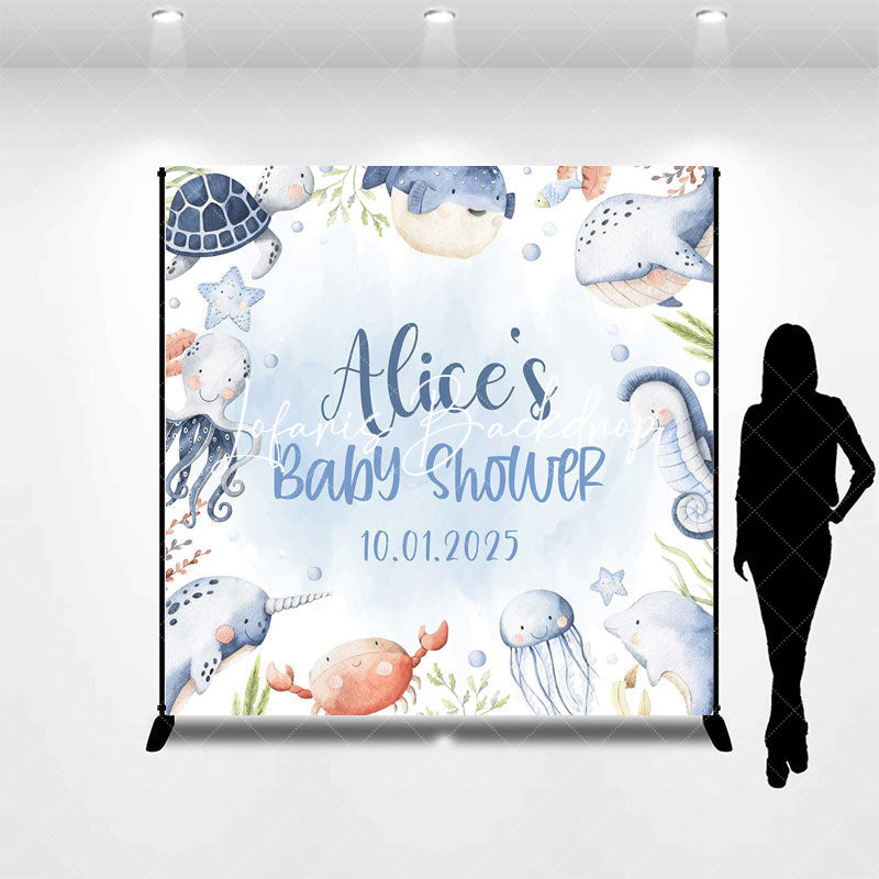 Lofaris Blue Ocean Animals Baby Shower Custom Name Backdrop