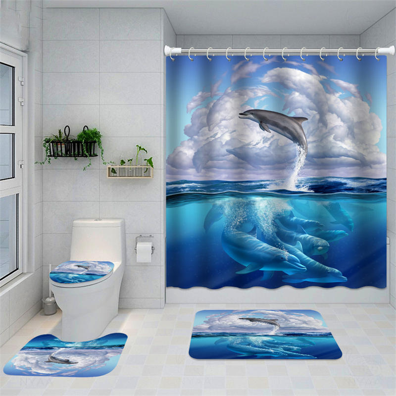Lofaris Blue Ocean Dolphin Jump Artistic Bathroom Curtain | Custom Shower Curtains | Custom Fabric Shower Curtains | Personalized Shower Curtain