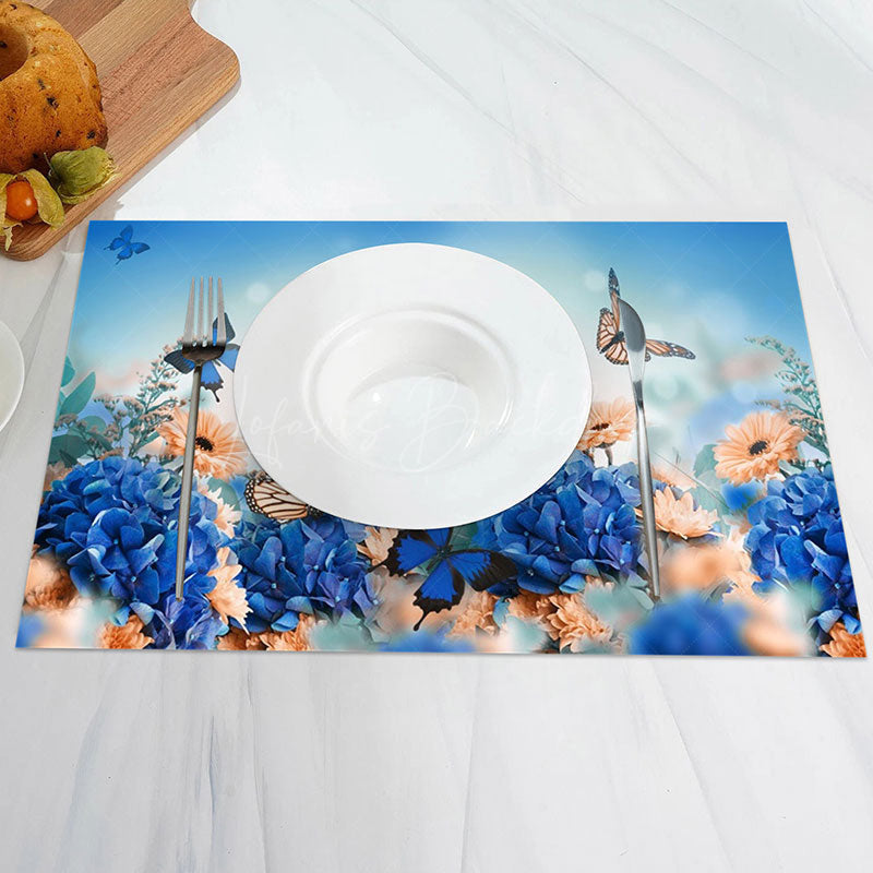 Lofaris Blue Orange Flowers Butterfly Set Of 4 Placemats