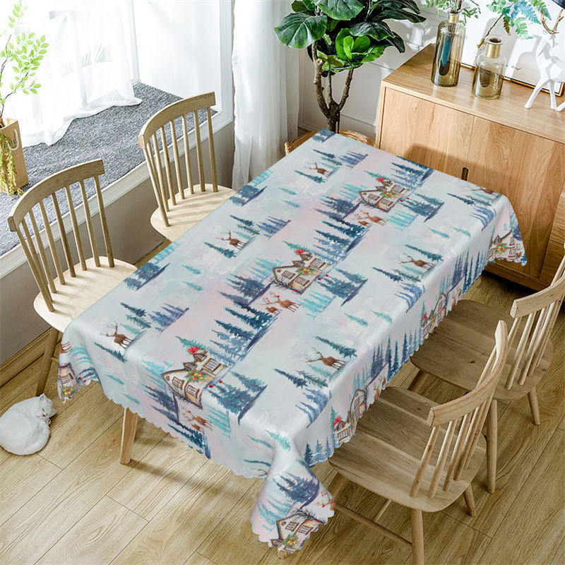 Lofaris Blue Pine Tree Reindeer Christmas House Tablecloth
