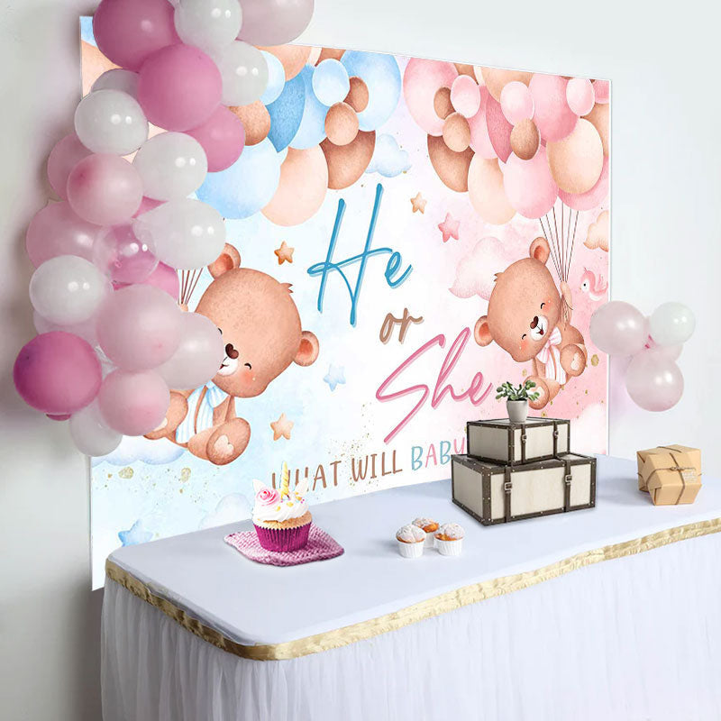Lofaris Blue Pink Balloon Teddy Bear Gender Reveal Backdrop