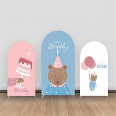 Lofaris Blue Pink Bear Cakes Balloons Arch Backdrop Kit