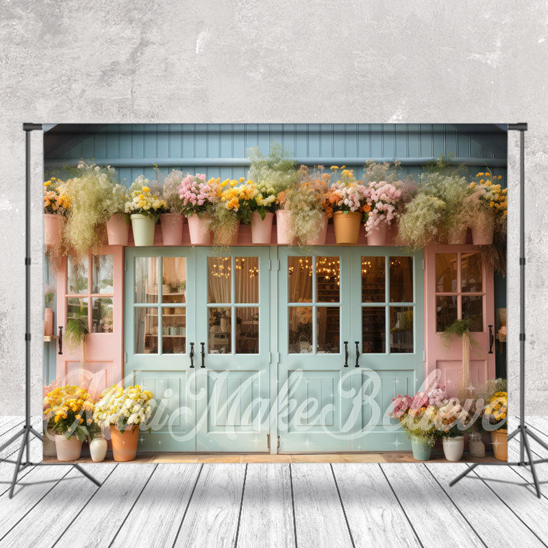 Lofaris Blue Pink Door Floral Vase Backdrop For Photography