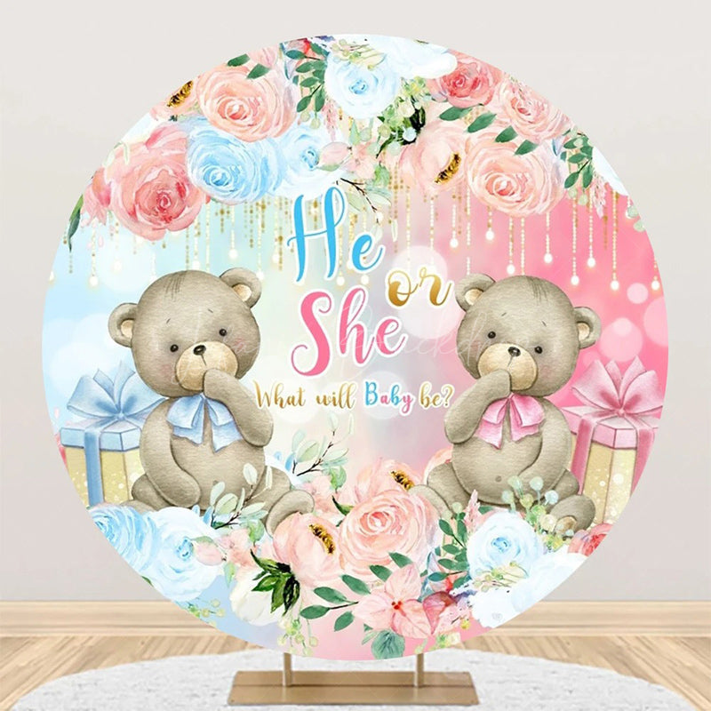 Lofaris Blue Pink Floral Bears Round Gender Reveal Backdrop