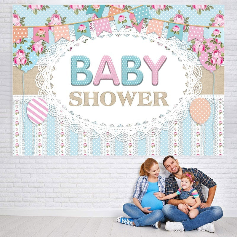 Lofaris Blue And Pink Flowers Flags Themed Baby Shower Backdrop