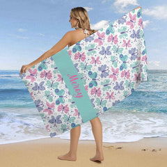 Lofaris Blue Purple Butterfly Custom Name Beach Towel for Girl