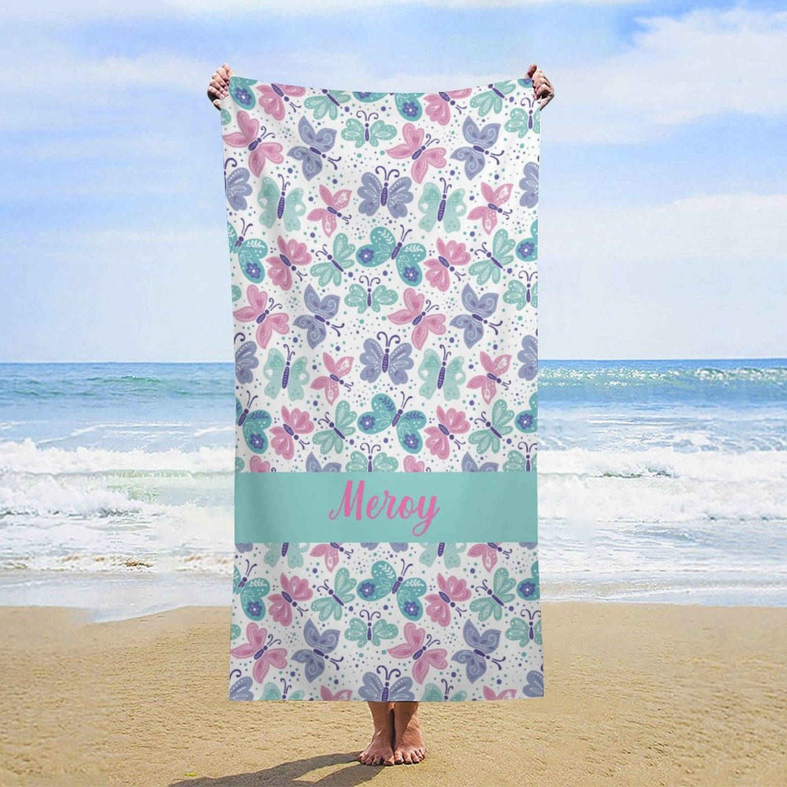 Lofaris Blue Purple Butterfly Custom Name Beach Towel for Girl
