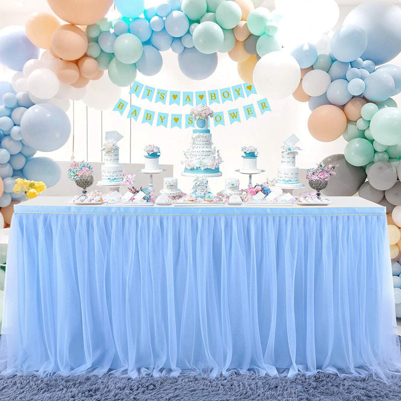 Lofaris Blue Rectangle Tulle Ruffle Banquet Table Skirt