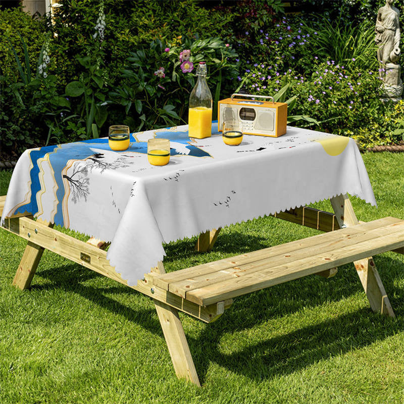 Lofaris Blue River Trees Cranes Tablecloth For Home Decor