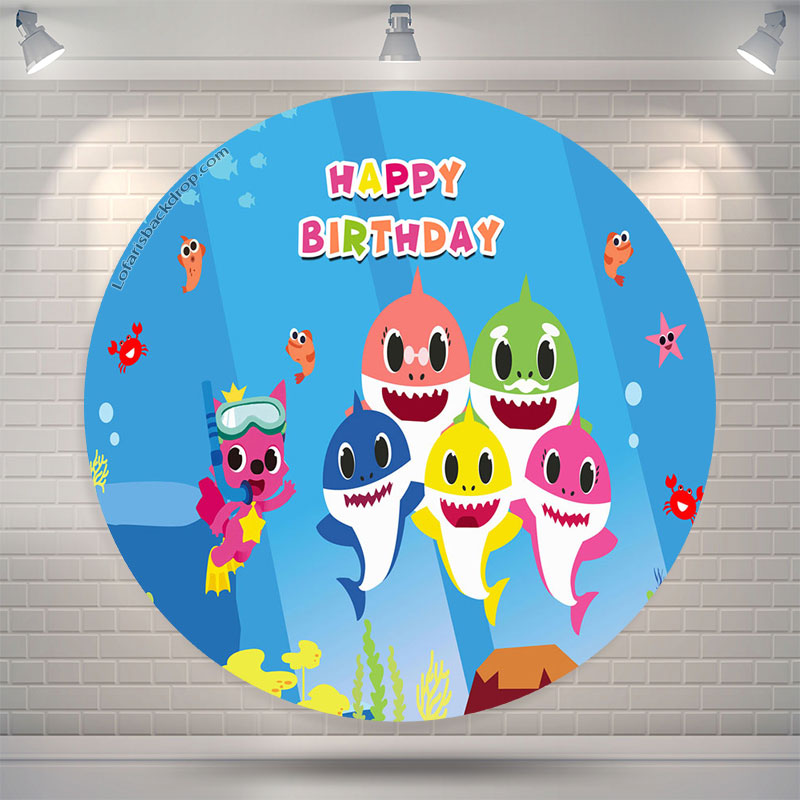 Blue Sea Fox Round Baby Shark Birthday Backdrops Lofaris