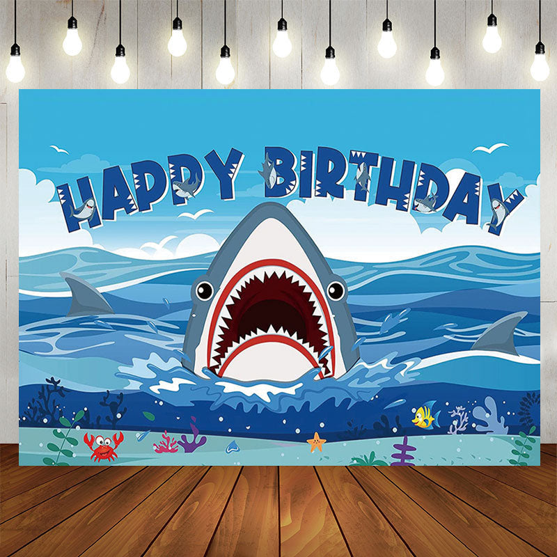 Lofaris Blue Sea Sky Fierce Shark Birthday Backdrop For Boys