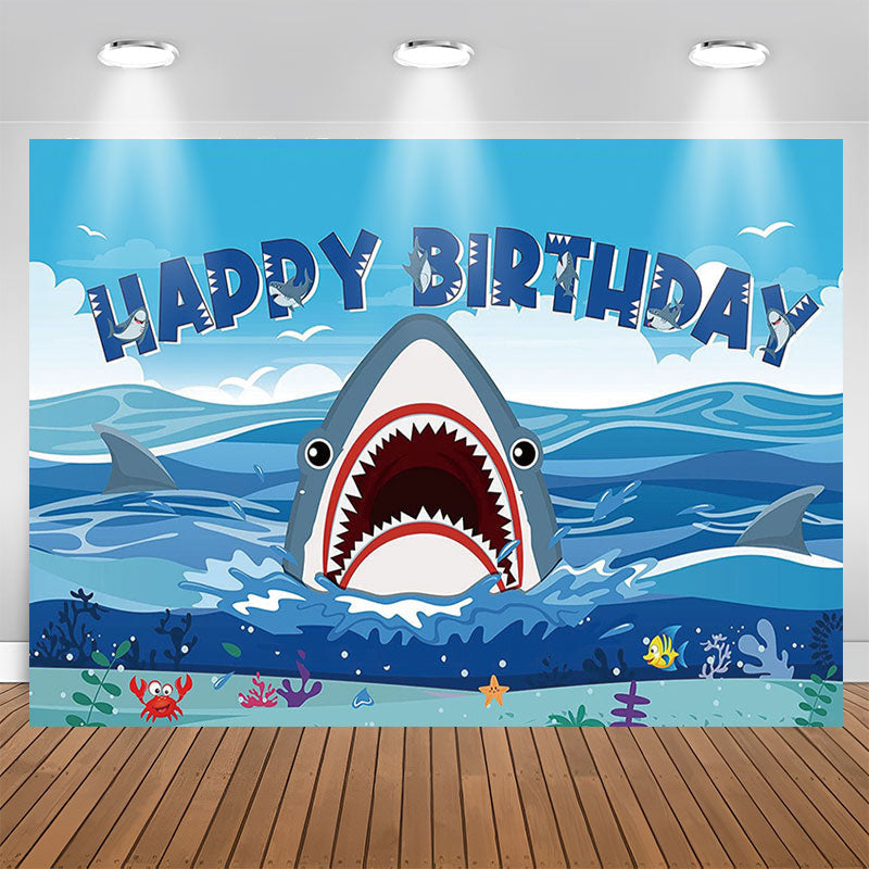 Lofaris Blue Sea Sky Fierce Shark Birthday Backdrop For Boys
