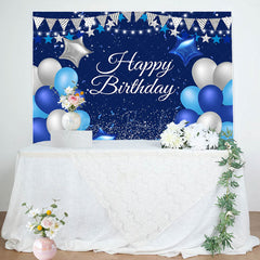 Lofaris Blue Silver Balloon Happy Birthday Backdrop