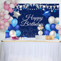 Lofaris Blue Silver Balloon Happy Birthday Backdrop