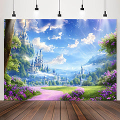 Lofaris Blue Sky Castle Purple Floral Birthday Backdrop