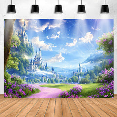Lofaris Blue Sky Castle Purple Floral Birthday Backdrop