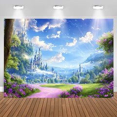 Lofaris Blue Sky Castle Purple Floral Birthday Backdrop