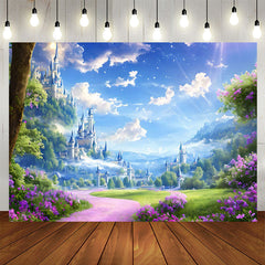 Lofaris Blue Sky Castle Purple Floral Birthday Backdrop