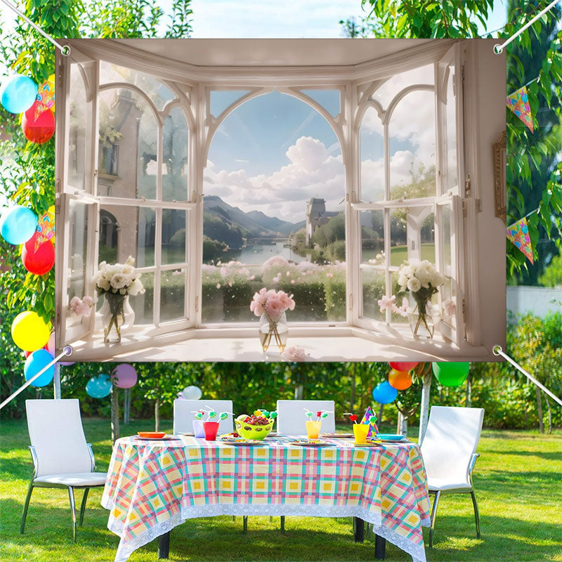 Lofaris Blue Sky Cloud Mountain Spring Window Floral Backdrop