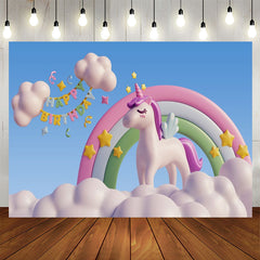 Lofaris Blue Sky Clouds Unicorn Happy Birthday Backdrop