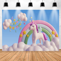 Lofaris Blue Sky Clouds Unicorn Happy Birthday Backdrop