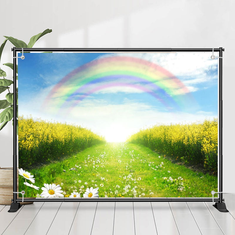 Lofaris Blue Sky Rainbow Yellow Floral Field Spring Backdrop