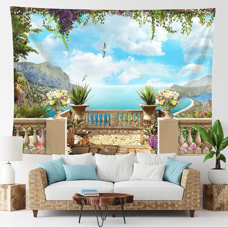 Lofaris Blue Sky Sea Holiday Leisurely Balcony Wall Tapestry