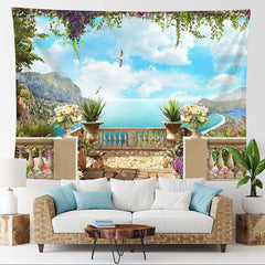 Lofaris Blue Sky Sea Holiday Leisurely Balcony Wall Tapestry