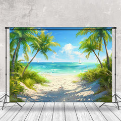 Lofaris Blue Sky Sea Sailboat Beach Tree Summer Backdrop