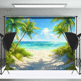 Lofaris Blue Sky Sea Sailboat Beach Tree Summer Backdrop