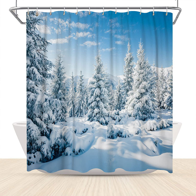 Lofaris Blue Sky Sonwy Forest Tree Christmas Shower Curtain