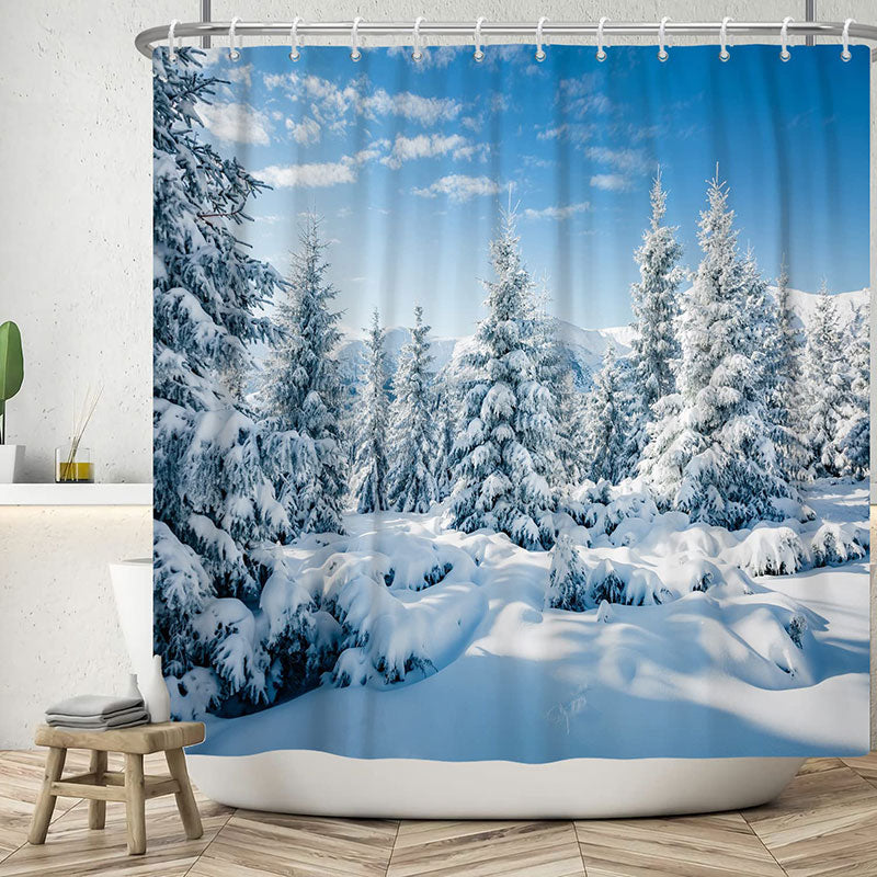 Lofaris Blue Sky Sonwy Forest Tree Christmas Shower Curtain
