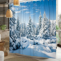 Lofaris Blue Sky Sonwy Forest Tree Christmas Shower Curtain